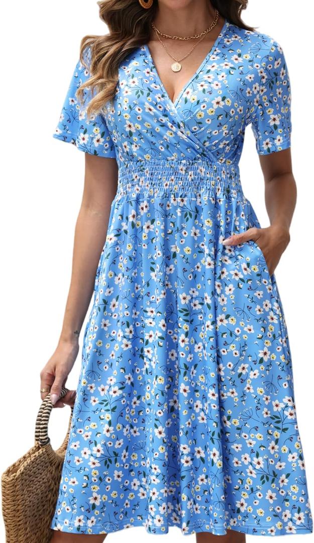 Womens Midi Floral Dress - Short Sleeve Wrap V-Neck Summer Dress with Smocked Waist - A-Line Spring Dress with Pockets, S