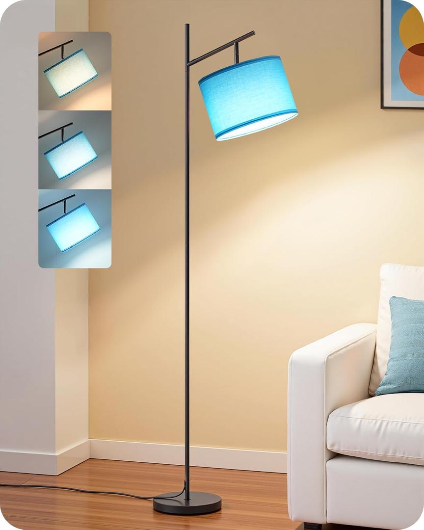 EDISHINE Modern Floor Lamps for Living Room, 64.7" Minimalist Standing Lamp with 3 Color Temperatures Bulb & Adjustable Linen Shade, Foot Pedal Switch, Arc Tall Lamp for Office Bedroom, Blue Shade