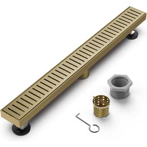 Titanium Gold Shower Drain 24 Inch, 304 Stainless Steel Linear Shower Drain with Removable Capsule Pattern Grate - Adjustable Rectangular Brushed Shower Floor Drain with Hair Strainer