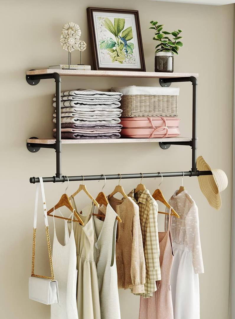 Industrial Pipe Clothes Rack with Wood Shelf, 42" Long Wall Mounted Clothing Rack with Hanging Rod for Laundry Room, Heavy Duty Pipe Shelves, Closet Storage, Retail Boutique Display