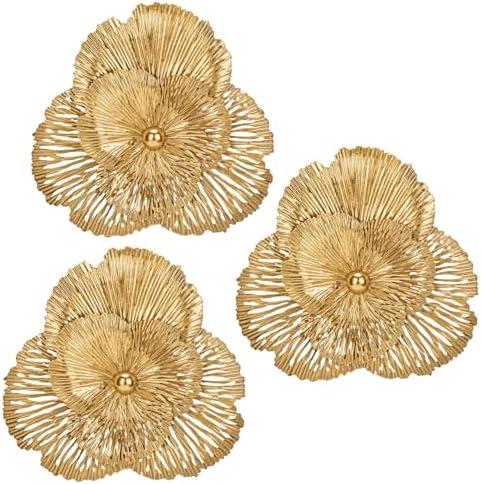 DILATATA 3 Pcs Metal Flower Wall Art Set 10 Inch Rustic Modern Floral Sculpture 3D Metal Flower Wall Hanging Accent for Indoor Living Room Bedroom Kitchen Bathroom Garden Patio Decor - Gold
