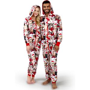 Giggling Getup Matching Pajamas for Couples, Christmas Pajamas for Women and Men, Hooded Zipper Warm Jumpsuits, 1Pcs (Small, Red and Brown)