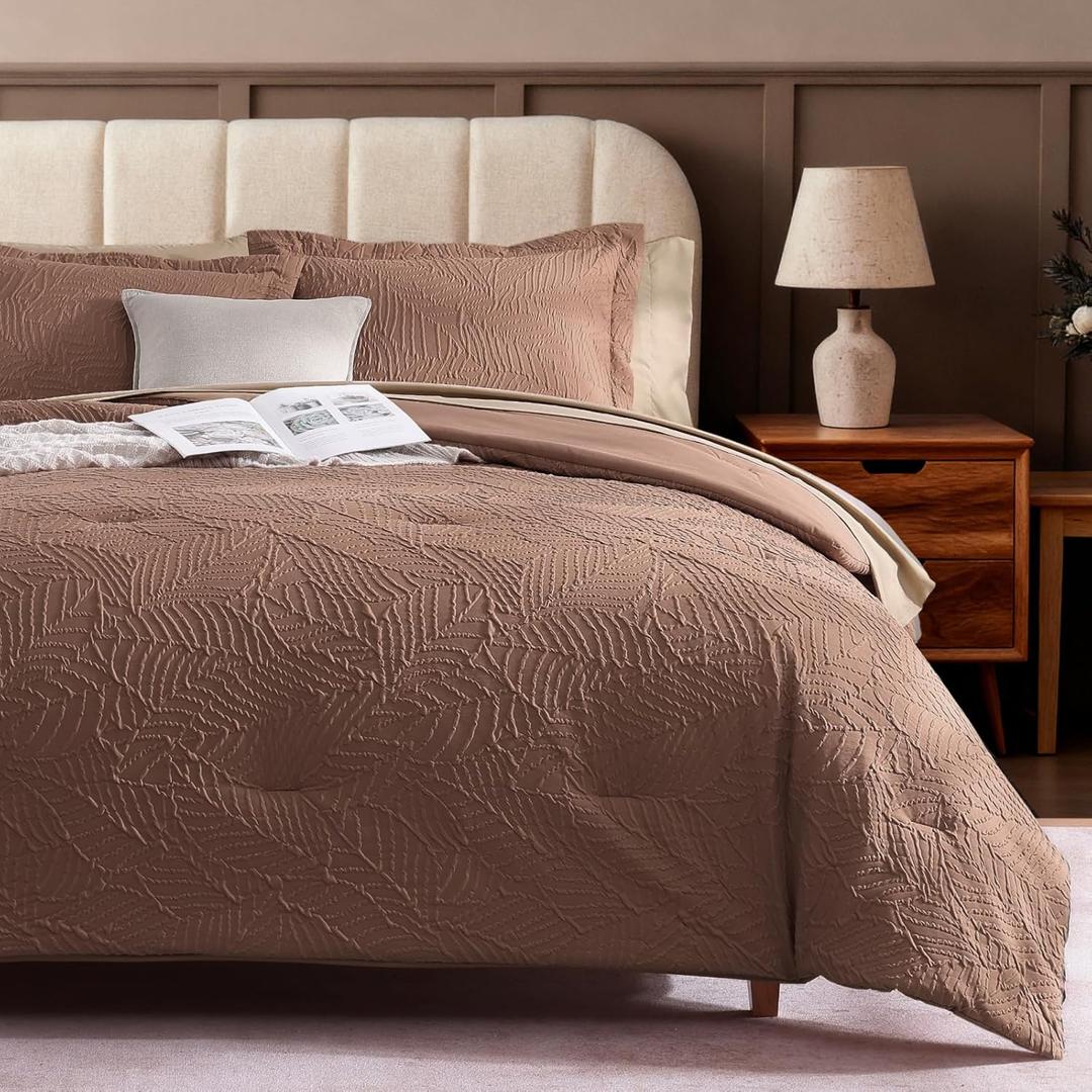 Geniospin Queen Comforter Set - 7 Pieces Brown Textured Queen Bedding Sets with Comforter, Sheets, Pillowcases & Shams, All Season Brown Bedding