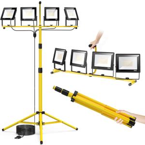 TOPRATED Plug in Led Work Light with Stand,28000 Lumen 110V 4 Adjustable Head Outdoor Flood Lights,Foldable Mechanic Light with 16.5Ft Power Cord,Portable Waterproof Tripod with Lamp for Workbench