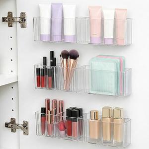 3 Pack Bathroom Makeup Organizer Long Narrow Clear Cabinet Door Organizer Wall Mount Clear Bathroom-Organizers and Storage with 3 Compartments Acrylic Shower Shelves for Kitchen & Bathroom, Office