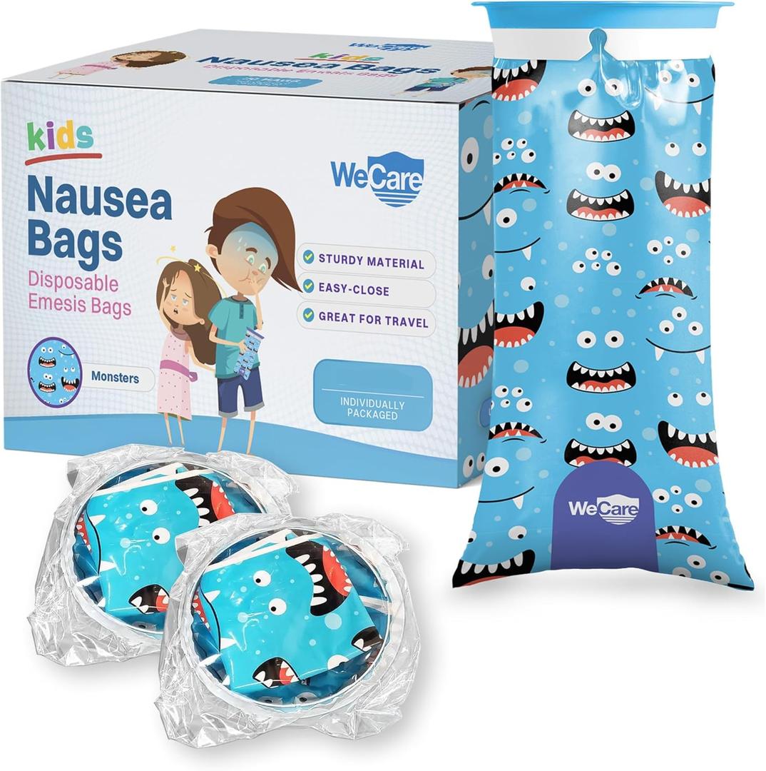 Kids Vomit Bags Disposable 20 Pack - Individually Wrapped Barf Bags with Cute Monster Print - Leak Proof Self Sealing Emesis Bags for Motion Car Sickness and Nausea - Ideal for Taxis, Airplane Travel