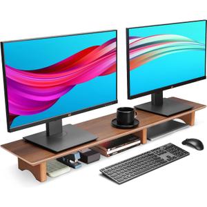 Aothia Large Dual Monitor Stand Riser, Solid Wood Desk Shelf with Eco Cork Legs for Laptop Computer/TV/PC/Printers, Perfect Desktop Stands Organizer with Underneath Storage for Office Accessories (Black Walnut)