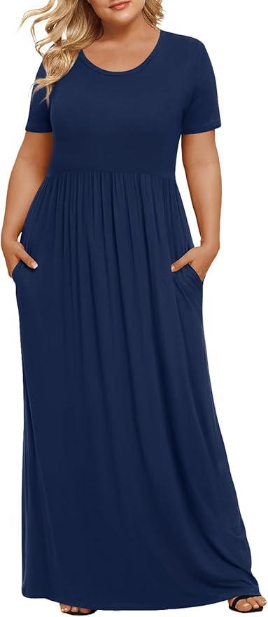 Caracilia  Women's Plus Size Maxi Dresses for Curvy Women Summer Short Sleeve Casual 2025 Long Dress, L