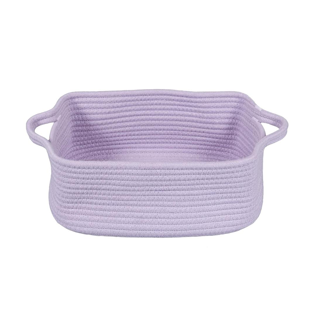 Woven Cotton Rope Storage Basket with Handles for Organizing Shelves Closet Small Cat Dog Pet Toy Baskets Box Bin Decorative Rectangle Baby Nursery basket Gift Basket Empty (Light Purple)