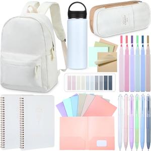 Cunno 28 Pcs Backpack Set Pencil Case Notebook Pen Insulated Cup File Folder Sticky Note Memo Pad Essentials Stationery Kit(White)