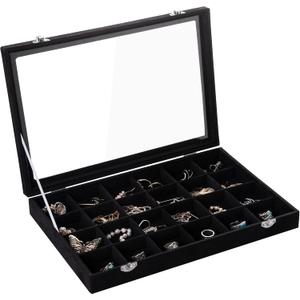 Frebeauty Velvet Jewelry Tray,24 Grid Jewelry Organizer with Clear Lid,Earring Holder Organizer with Clasp,Drawer Insert Rings Pendants Brooches,13.8 x 9.5 x 2 Inches,Gift for Women Girls(Black)