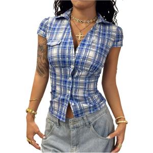 Milumia Women's Y2k Plaid Collar V Neck Button Down Shirt Short Sleeve Fitted Tops (Blue and White) XS