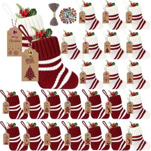 Glimin 24 Set Mini Christmas Stockings Set 6 Inch Red White Knitted Stripe Xmas Hanging Stocking with Kraft Paper Gift Tags Bells Christmas Tree Ornaments for Family Fireplace Decorations