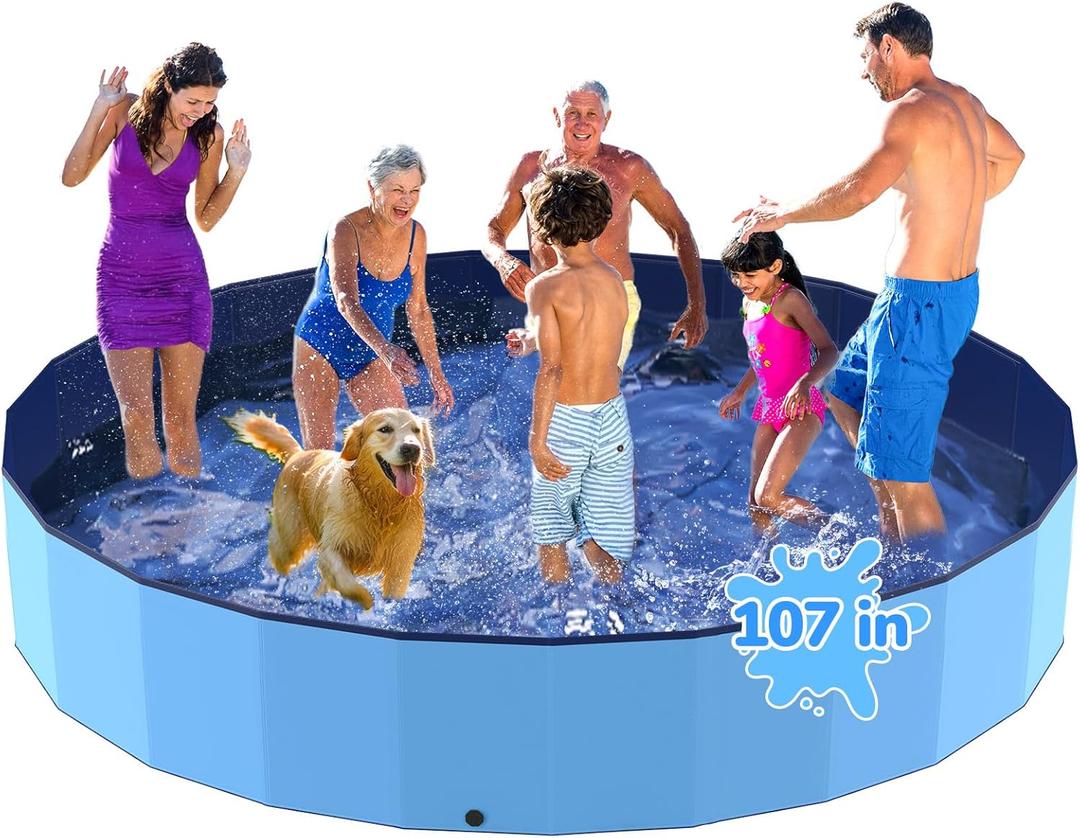 107'' Foldable Dog Pool, Kiddie Pool, Heavy Duty Non-Slip Plastic Pet Wading Pool for Large Dogs, Indoor and Outdoor Kids Pet Dog Bathtub