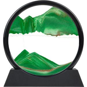 Green Moving Sand Art Decor - Round Glass Desk Decor with Liquid Motion, 3D Deep Sea Sandscape, Relaxing Desktop & Home Decoration-10 Inch