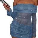 Women Sexy Off Shoulder Bodycon Mini Dress Mesh Sheer Ruched Sparkly Flared Long Sleeve Y2K Dress Club Night Out Dresses (Medium, Light Blue (1 Or 2 Size Up)