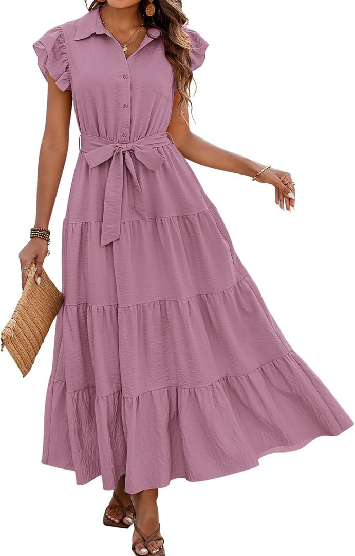 dowerme Women's Summer Casual Dresses 2026 Cap Ruffle Sleeve V Neck Button Belted Tiered Boho Maxi Dress with Pockets(Light Purple, Medium)