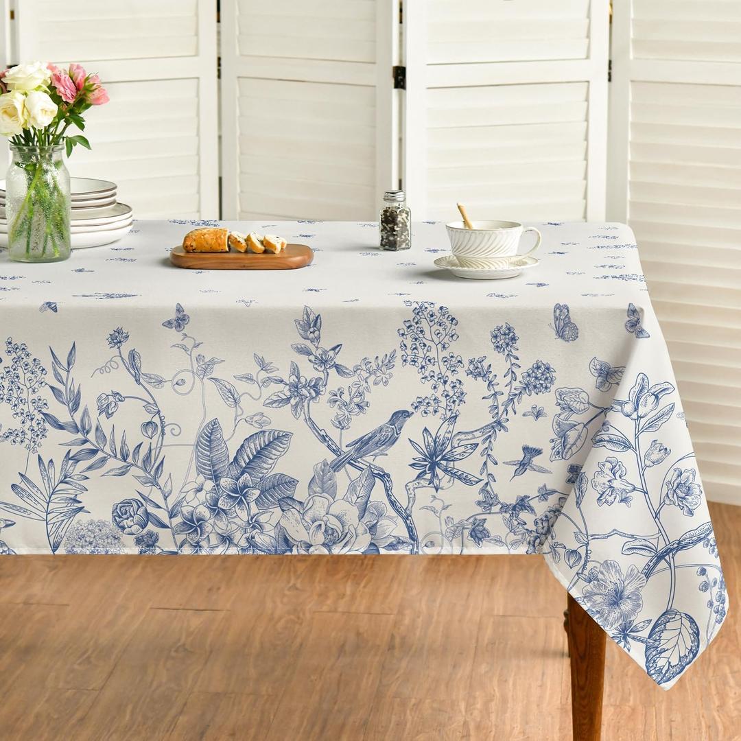 Horaldaily Spring Tablecloth 60140 Inch, Hand-Drawing Flowers and Birds Washable Table Cover for Party Picnic Dinner Decor (60" x 140" (Rectangular), Blue)