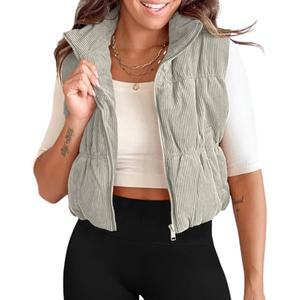 Tankaneo Womens Cropped Puffer Vest Corduroy Lightweight Sleeveless Padded Coat Zip Up Warm Outerwear, Size Medium