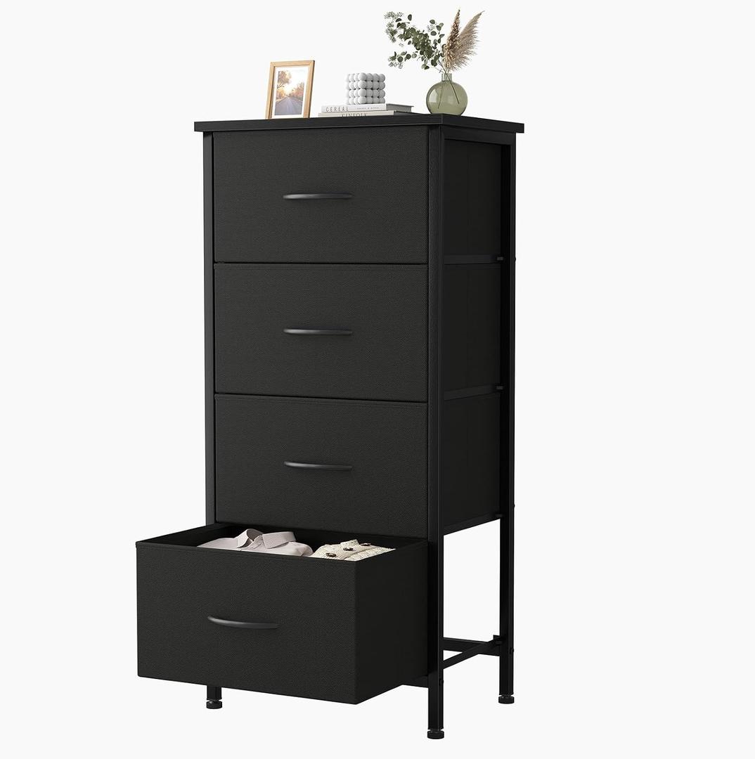 Sweetcrispy 4 Fabric Drawer Small Dresser, Bedside Nightstand with Wooden Top Sturdy Frame, Entryway Closet Bedroom Storage Cabinet Furniture for Dorm,Black, 11.8"D x 17.7"W x 37.5"H