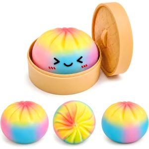 Mystery Rainbow Dumpling Squishies with Steamer Box, Soft Stretchy Bao Bun Stress Relief Balls, Sensory Fidget Squeeze Toys for Anxiety Relief, Decompression Desk Toys