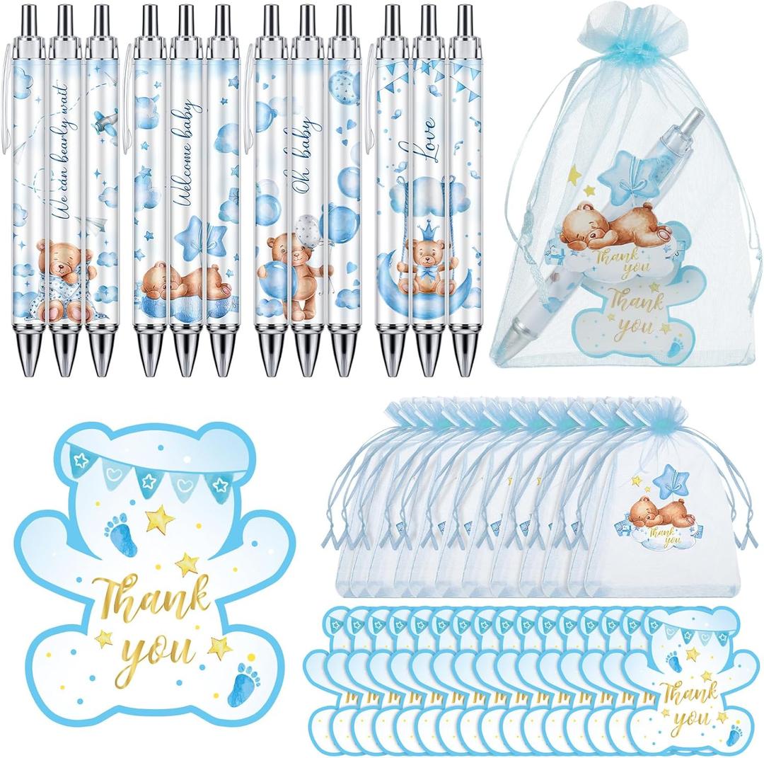 Chuangdi 50 Sets Baby Shower Favors Gifts for Guests Includes 50 Pcs Ballpoint Pens, Thank You Cards and Organza Bags(Blue Bear)