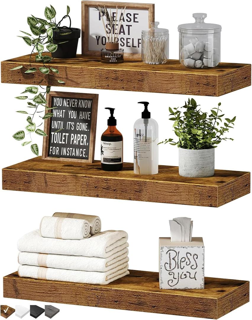 QEEIG Floating Shelves for Wall Bathroom Shelf Bedroom Kitchen Living Room Hanging Book Shelves Small Farmhouse Decor 16 inch Set of 3, Rustic Brown (015-BN3), 3pcs