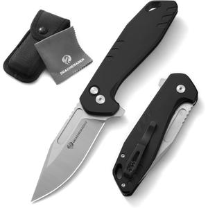 Button Lock Pocket Folding Knife with Nylon-Sheath (Horizontal carry), 3.42" D2 Blade with Aluminum Handle, Camping Pocket & Folding Knives with Clip, EDC Knife Gift, Black