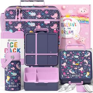 Fimibuke Kids Bento Lunch Box with 4 Compartments, Insulated lunch Bag, Stainless Steel Insulated Water Bottle, Ice Pack & Utensils Set, Birthday Gifts for Ages 3-12 Back to School Toddler Girls Boys