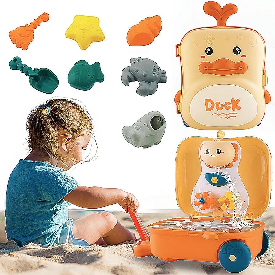 Beach Toys for Toddlers - Toddler Sand Toys Set with Water Wheel, Animal Molds, Watering Can, Sand Scoop in Cute Duck Case | Essential Summer Travel & Bathtub Toys for Kids