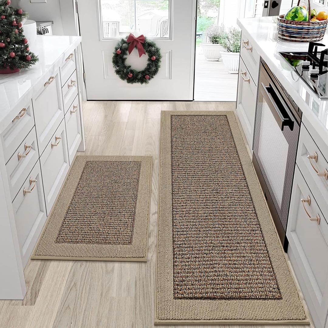 BEQHAUSE Kitchen Rugs and Mats Set of 2 Non-Slip Kitchen Mats for Floor, Absorbent and Stain Resistant Kitchen Runner, Machine Washable Rugs for Kitchen, Laundry & Sink, 24"x36"+24"x60", Taupe