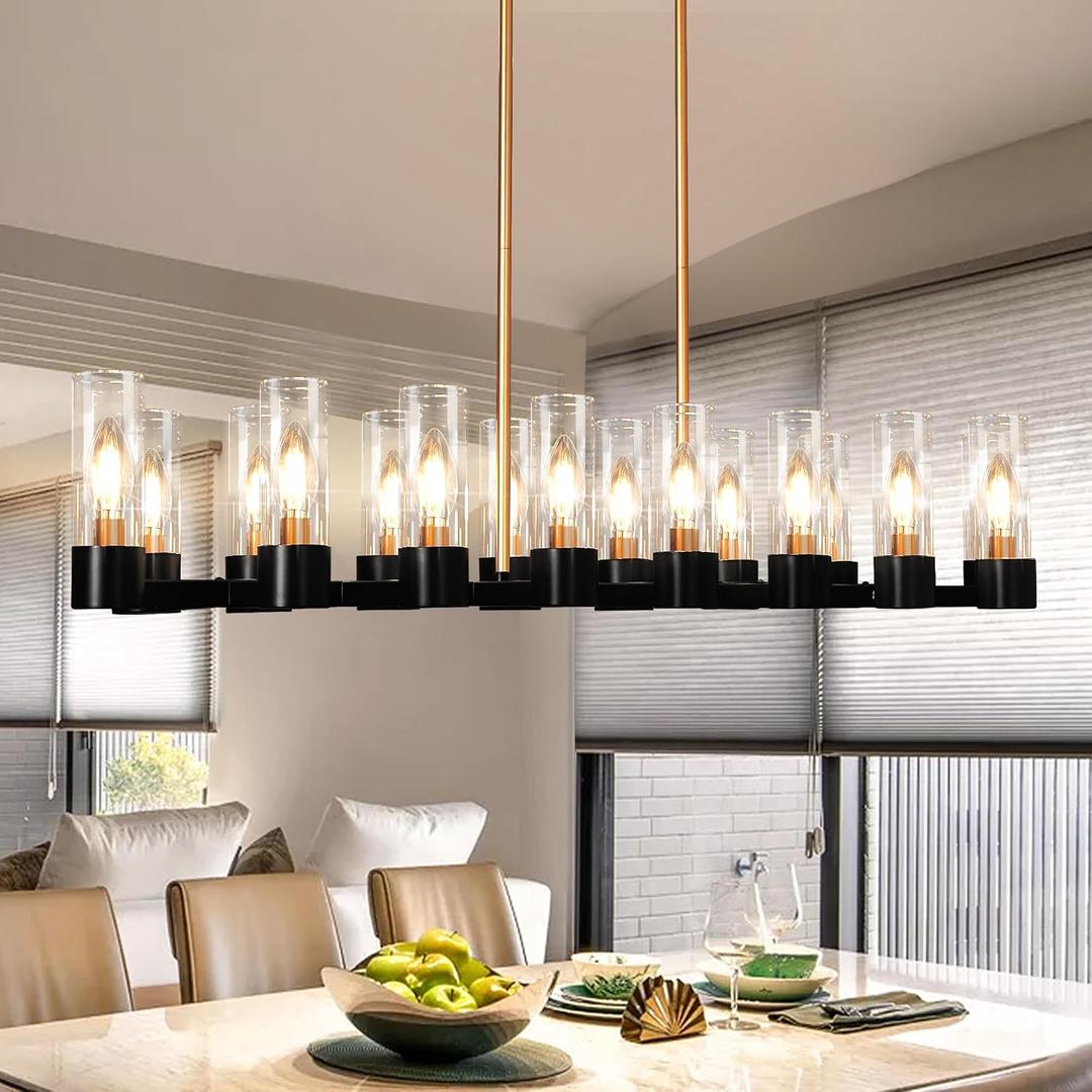 Linear Chandelier, 49" Large Chandelier 16 Lights Linear Chandeliers for Dining Room Black and Gold Modern Dining Room Chandelier Rectangular Chandelier Long Kitchen Island Lighting Pendant Light