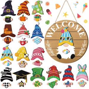 Qunclay Interchangeable Wooden Gnome Decor Holiday Seasonal Gnome Decorations with Magnet Pieces and Detachable Hats Changeable Welcome Sign for Home(Delicate Style)