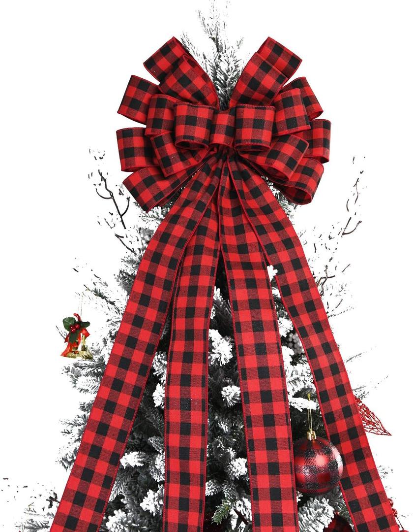 Christmas Checked Tree Topper,48x13 Inches Large Toppers Bow,Red and Black Plaid Buffalo Decorative Bows for Christmas Decoration (Red and Black Plaid)