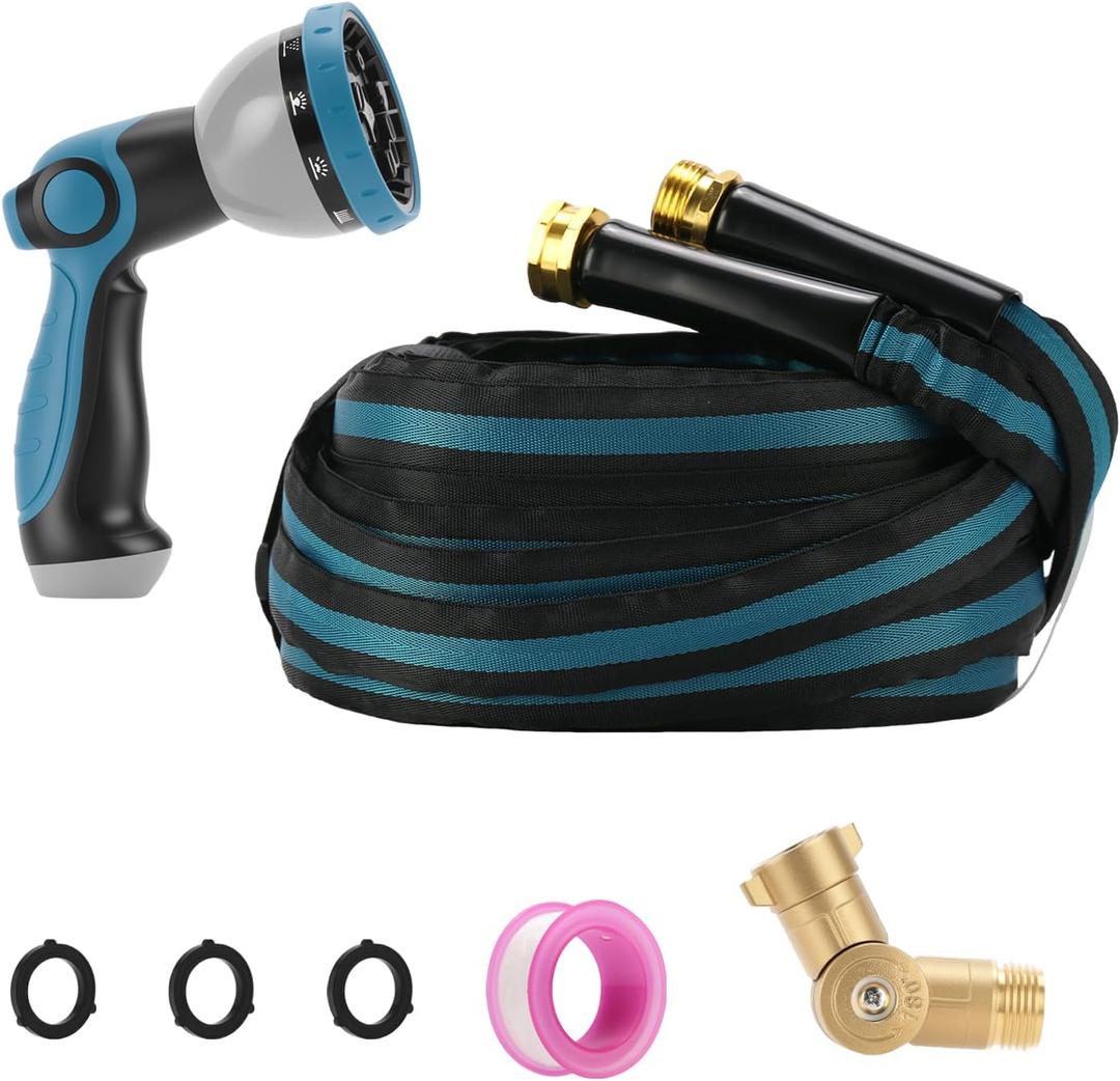 MEASUREMAN 50 FT Garden Hose, Lightweight & Flexible Water Hose Kit with Spray Nozzle & 180 Swivel Connector, 5/8-Inch Heavy Duty Kink-Proof Fabric Hose