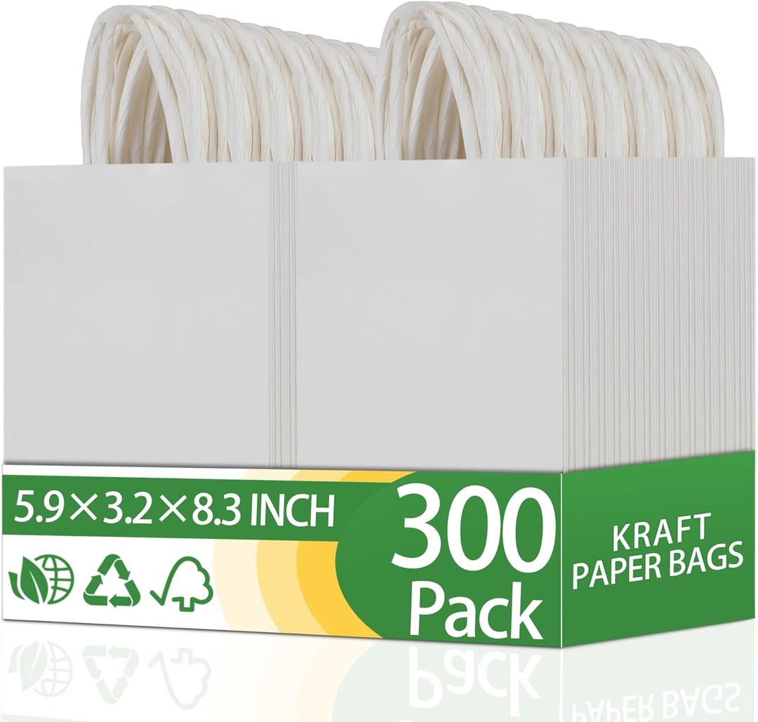 OEMVALATY 300Pcs 5.9x3.2x8.3 Inch Small White Paper Bags with Handles Bulk Gift Wrap Bags Kraft Paper Gift Bags for Birthday Party Favors Grocery Retail Business Shopping Merchandise Goody Craft Bags