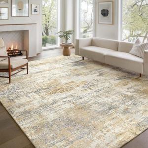 Area Rug Living Room Washable Rugs: 8x10 Modern Neutral Abstract Low Pile Non Slip Floor Carpet - Large Soft Thin Stain Resistant Rug for Bedroom Dining Indoor Office Home, Glod Grey