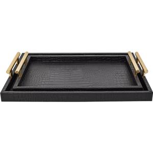 Set of 2 Modern Elegant Large Wood Serving Tray, Rectangle Decorative Tray Ottoman Tay Coffee Table Tray, Black Crocodile Leather with Gold Polished Metal Handles