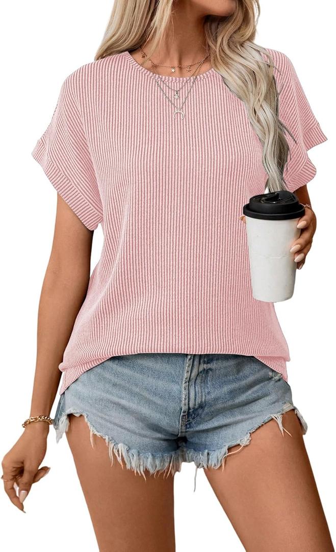 Samefar Womens Tops Dressy Casual Round Neck Short Cap Sleeve Shirts Rib Texture Loose Blouses Tee Cute Clothes Trendy (Yellow, S)