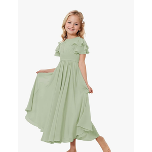 Dresses Chiffon Flower Girl Dress for Wedding Ruffles Sleeve Party Pageant Communion Dress 8yrs old, Dusty Sage