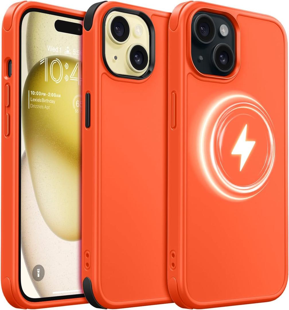 Mobnano for iPhone 15 Case Compatible with MagSafe  Frosted Matte Shockproof Case, Replaceable Anti-Collision Corners & Buttons (2 Colors), Slim Fit & Full Protection Phone Cover - Neon Orange