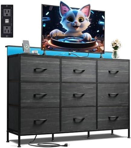 WLIVE Black TV Stand for 45, 50, 55 inch TV, Entertainment Center with LED Lights & Charging Station, TV Media Console Table with 9 Fabric Drawers and Open Shelves for Living Room, Hallway, Wood Top