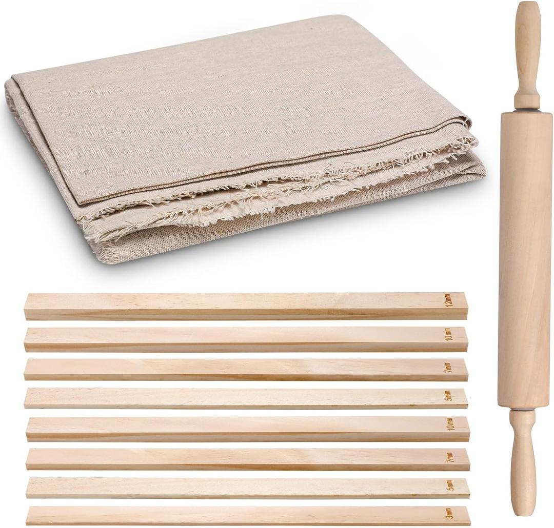 Newtay 12 Pcs Pottery Tools Include 1 Wood Rolling Pin Sculpting Polymer Clay Tools 1 Portable Pottery Wedging Board/Linen Tablecloth and 10 Pcs 5 Size Teaching Rolling Mud Stick Guide (Tablecloth)