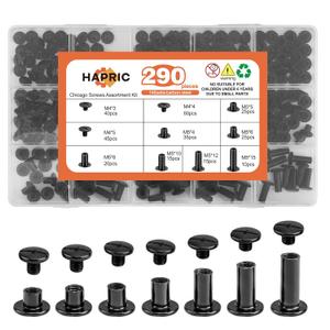 Hapric 145 Sets Chicago Screws for Leather, 7 Sizes M5x4/5/6/8/10/12/15mm Gunmetal Black Screw Rivets Kit for Belts Bookbinding DIY Leather Projects