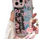 for iPhone 12 Pro Case, [Pink Bow Pattern][Shiny Mirror Case][2-in-1 with Beaded Wrist Strap] Soft TPU Frame, Shockproof and Anti-Shock, Suitable for Women & Girls