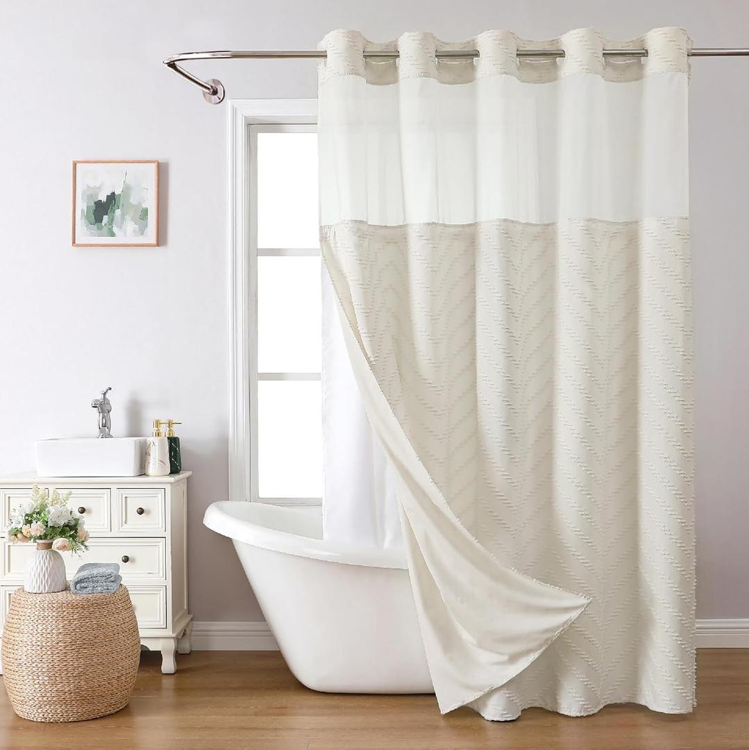 eachope Long No Hook Tufted Chevron Striped Shower Curtain with Snap-in Fabric Liner set-71Wx80H(78H),Cream Hotel Grade Boho Style Shower Curtain with See Through Top Window, Water Repellent