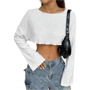 WDIRARA Women's Boat Neck Long Sleeve T-Shirts Drop Shoulder Tee Loose Crop Tops (White, S)