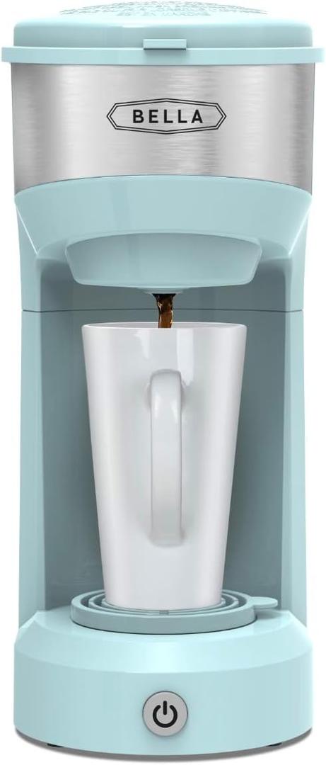 BELLA Dual Brew Single Serve Coffee Maker, Brews both Kcup and Ground Coffee, Large 14oz Capacity, Easy One Touch, Auto Shutoff, Aqua