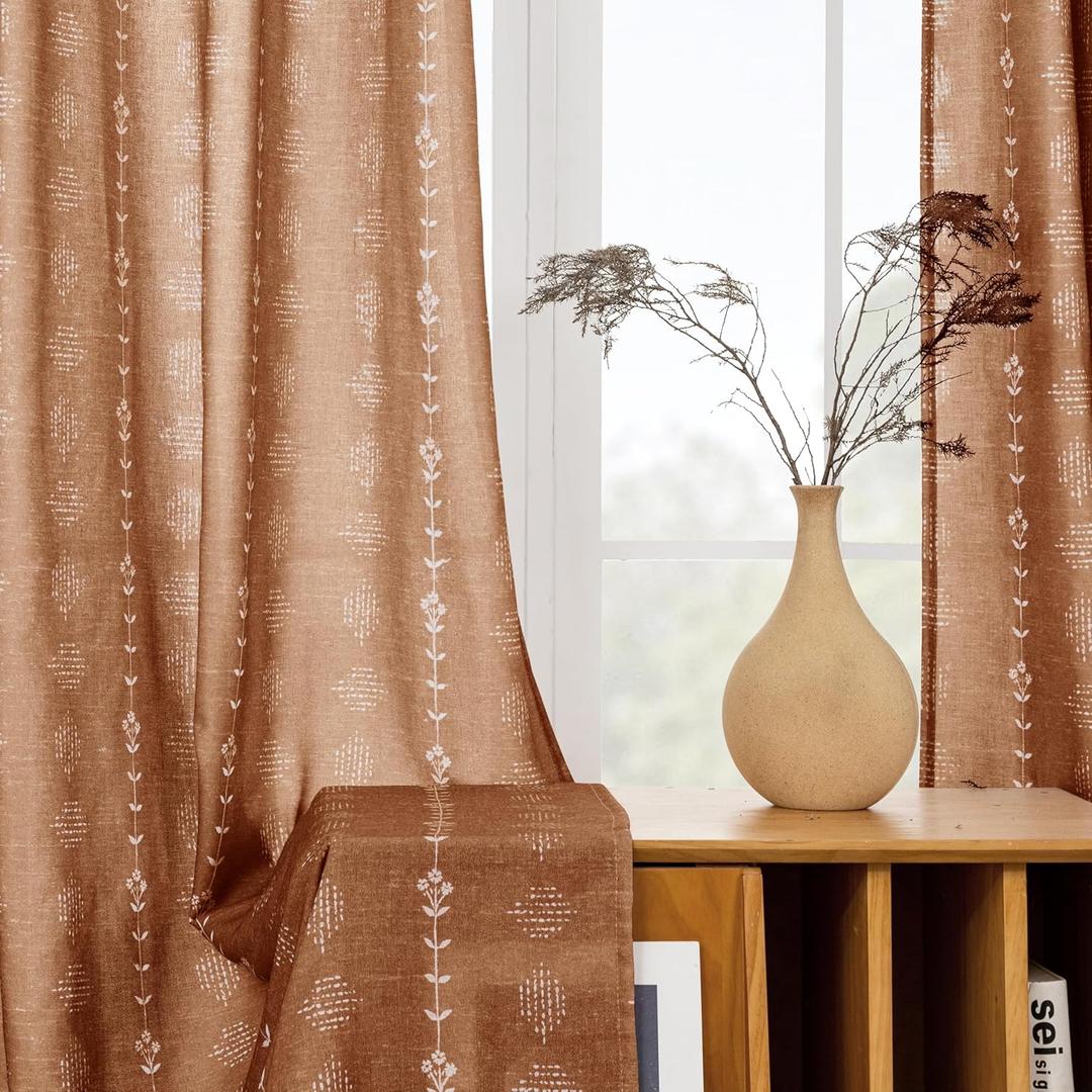Floral Sheer Curtains 96 Inches Long 2 Panel Set for Living Room,Faux Embroidered Striped Indian Linen Cozy Fall Terracotta Decor Floor to Ceiling Length Lightweight Curtains