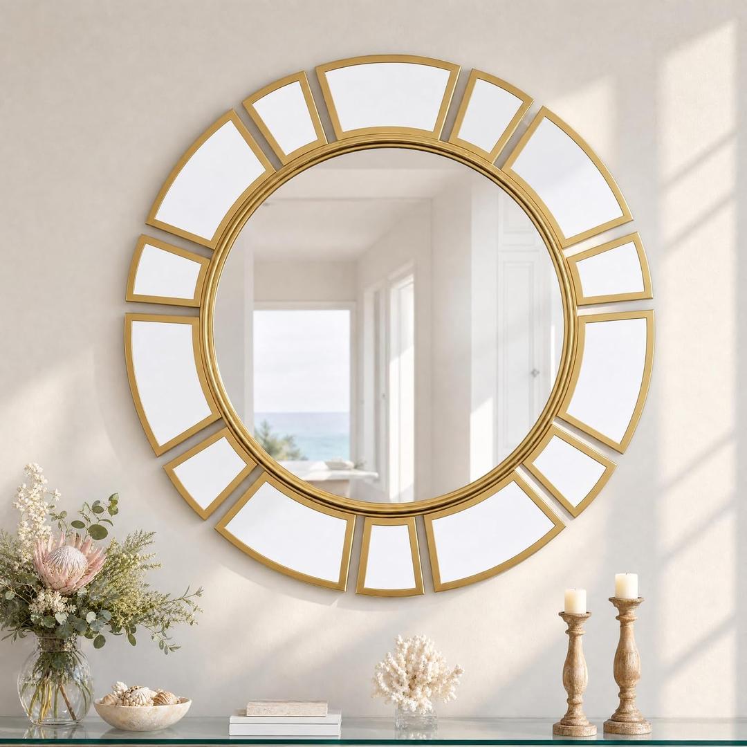 CozyDH Gold Sunburst Mirror Decor - 24 inch Round Wall Mirror Decorative with Metal Frame Modern Bohemian Sun Art Decor Mirror for Entryway Bedroom Living Room Hallway Bathroom Dining Room Fireplace